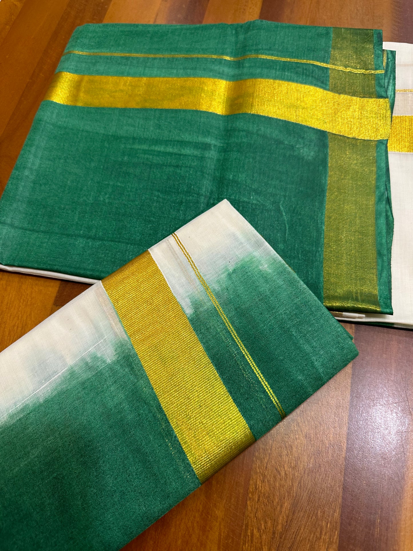 Southloom Tie & Dye - Half & Half  Multi Colour Dark Green Design Set Mundu (Mundum Neriyathum) in 2.80 m Neriyathu (Extra Length)