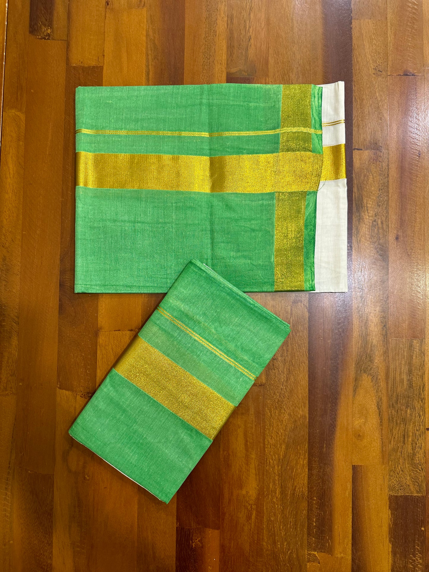 Southloom Tie & Dye - Half & Half  Multi Colour Light Green Design Set Mundu (Mundum Neriyathum) in 2.80 m Neriyathu (Extra Length)