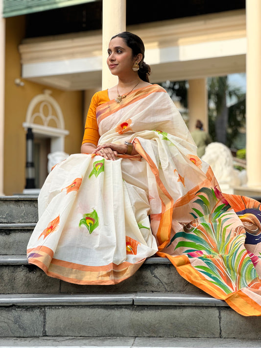 Southloom Orange Hand Painted Kerala Kasavu Saree