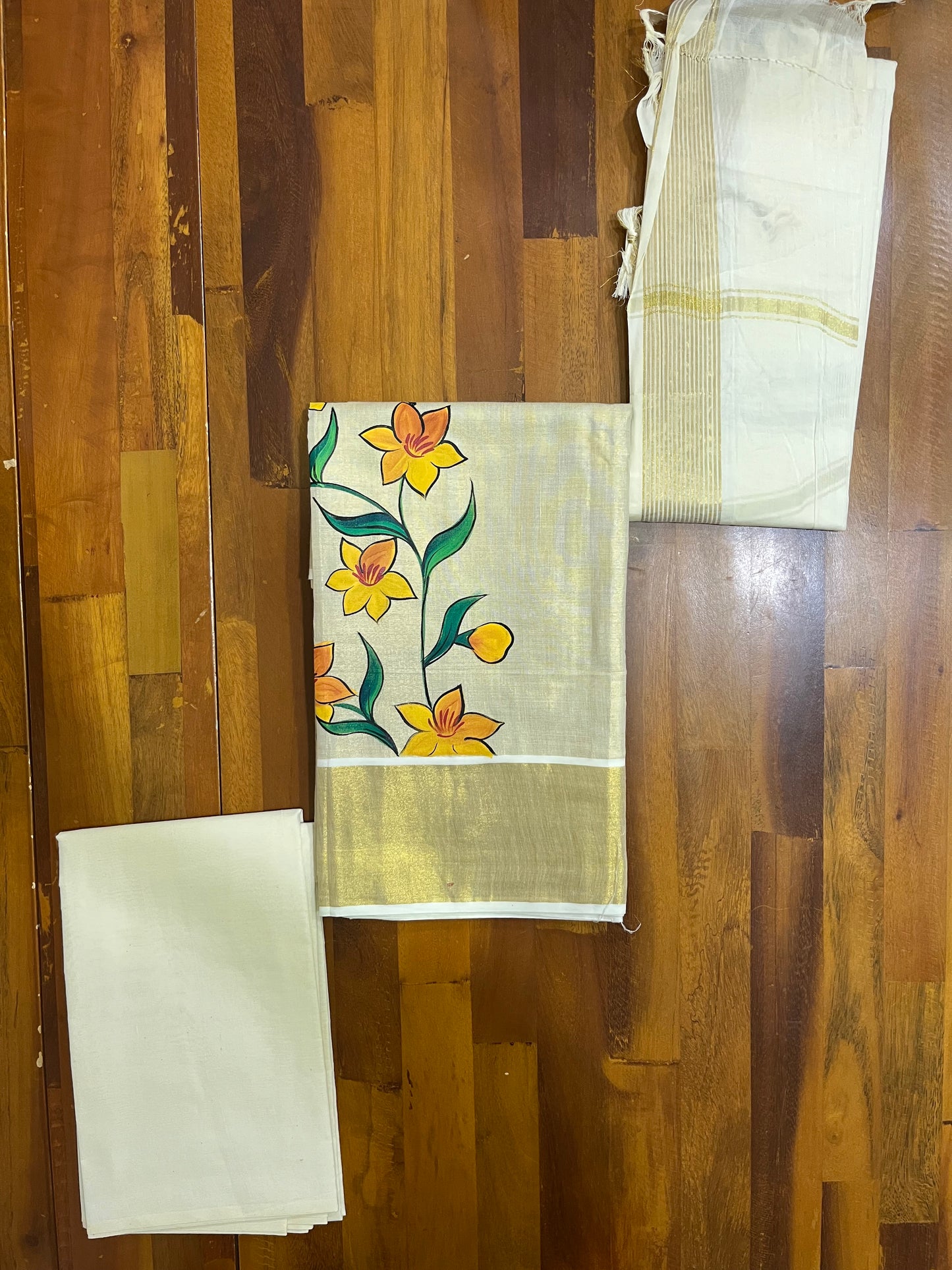 Kerala Tissue Churidar Salwar Material with Mural Hand Painted Floral Designs (include Shawl / Dupatta)