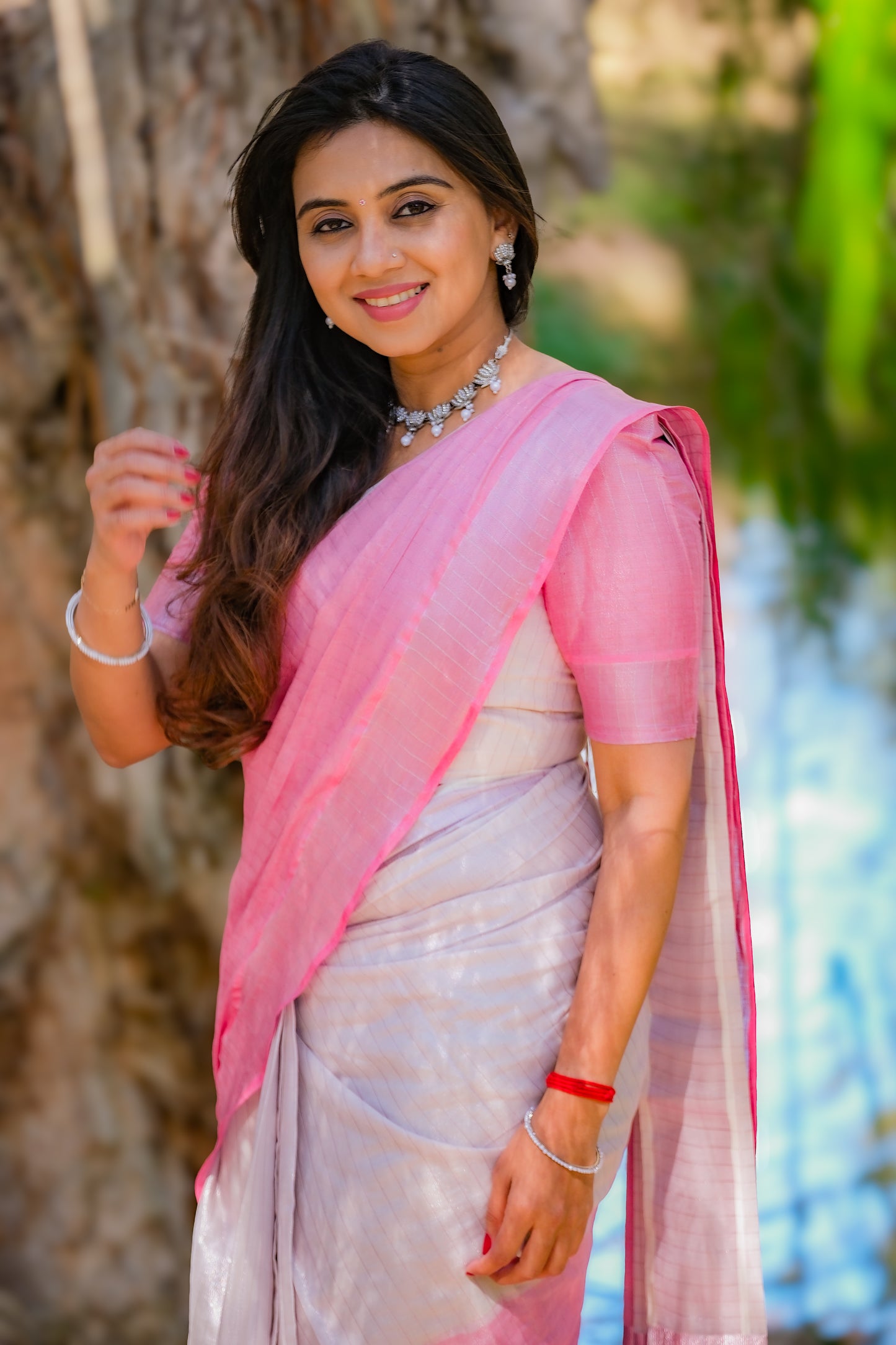 Southloom Tie and Dye Multi Colour Pink Colour Rose Tissue Kasavu Saree (Lines Body)