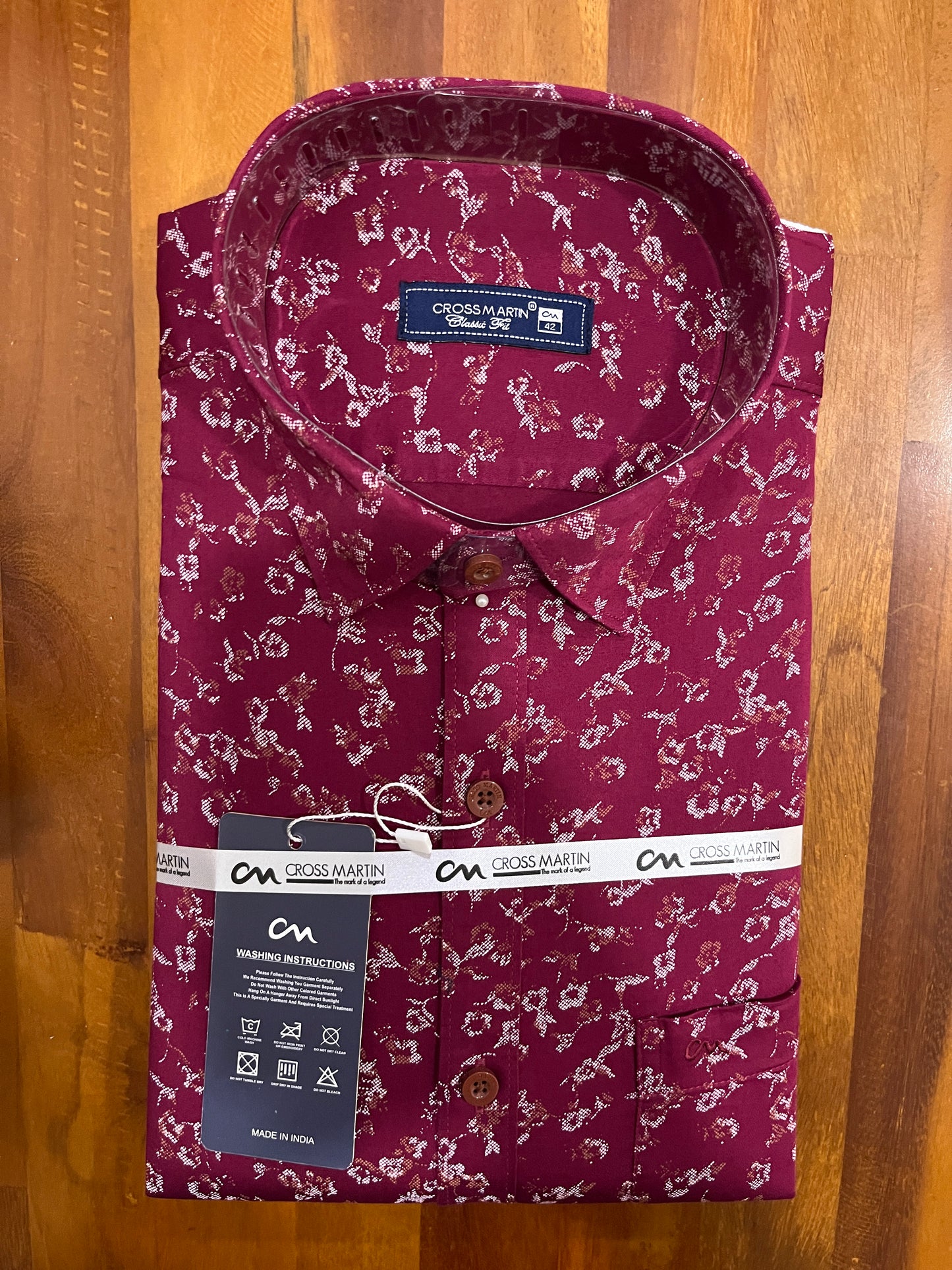 Pure Cotton Maroon Printed Shirt (42 HS)