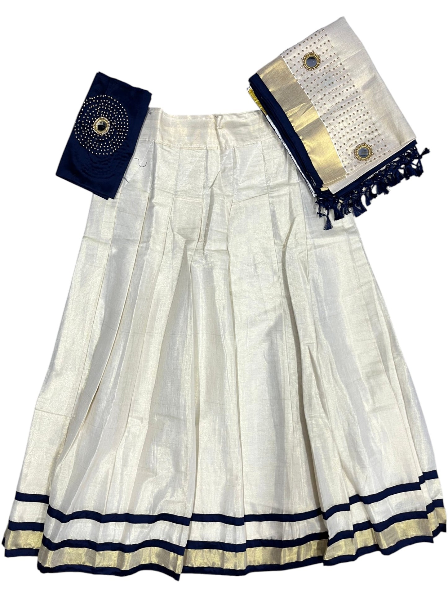 Southloom Semi Stitched Tissue Dhavani Set with Pavada and Blue Blouse Piece