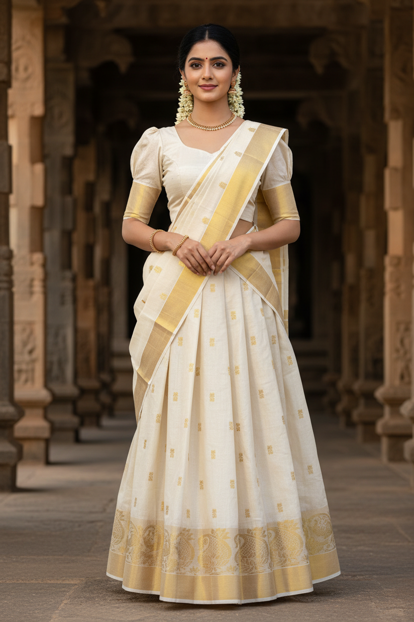 Southloom Semi Stitched Tissue Dhavani Set with Pavada and With Tissue Kasavu Border Blouse Piece