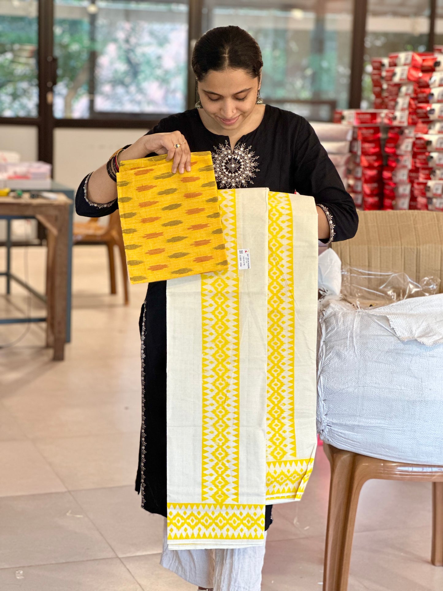 Southloom Ikat Design Yellow Printed Set Mundu with Blouse Piece (2.80M)