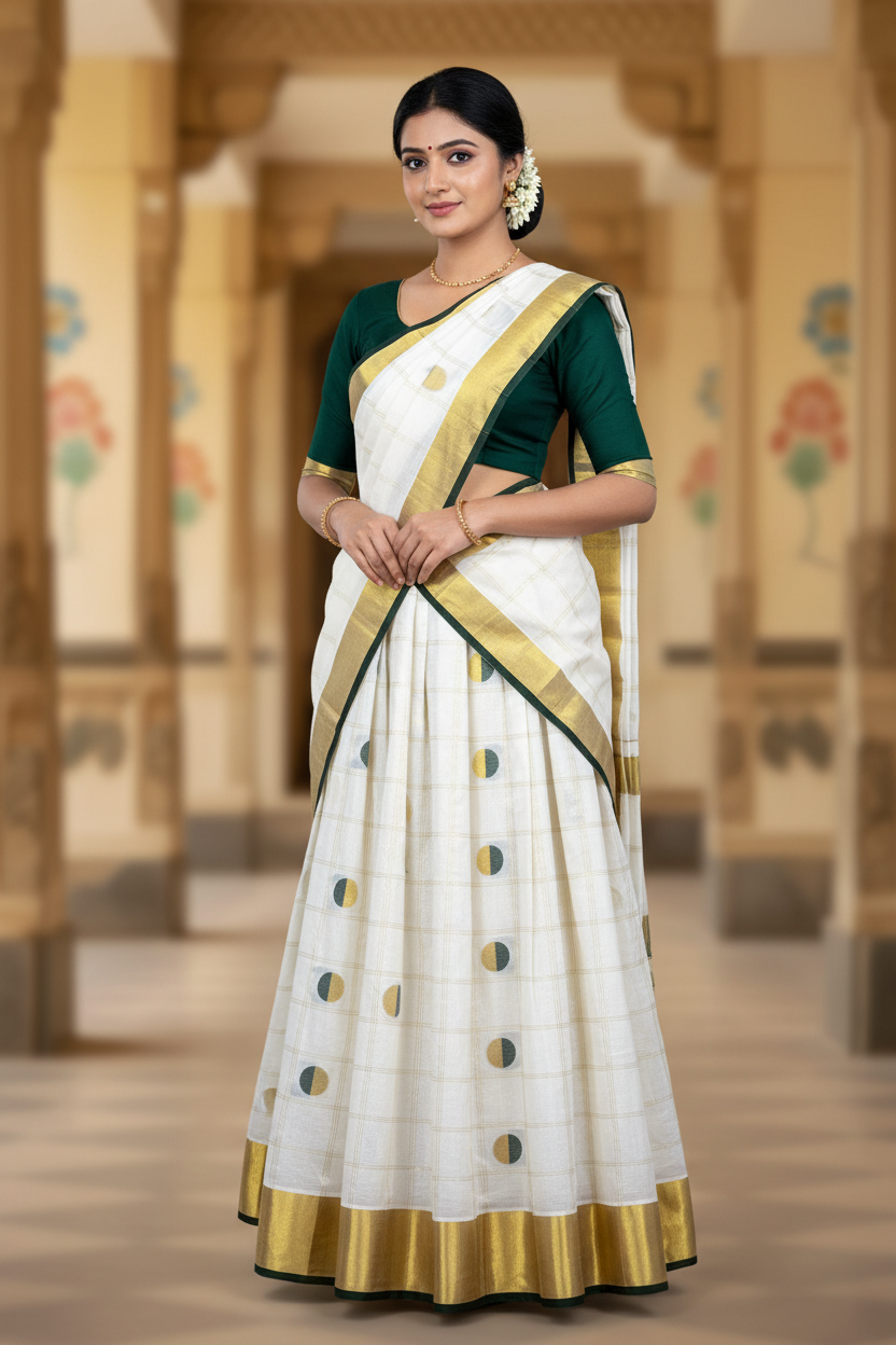 Southloom Semi Stitched Cotton Dhavani Set with Pavada and Green Blouse Piece