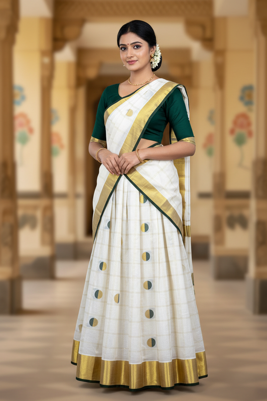 Southloom Semi Stitched Cotton Dhavani Set with Pavada and Green Blouse Piece