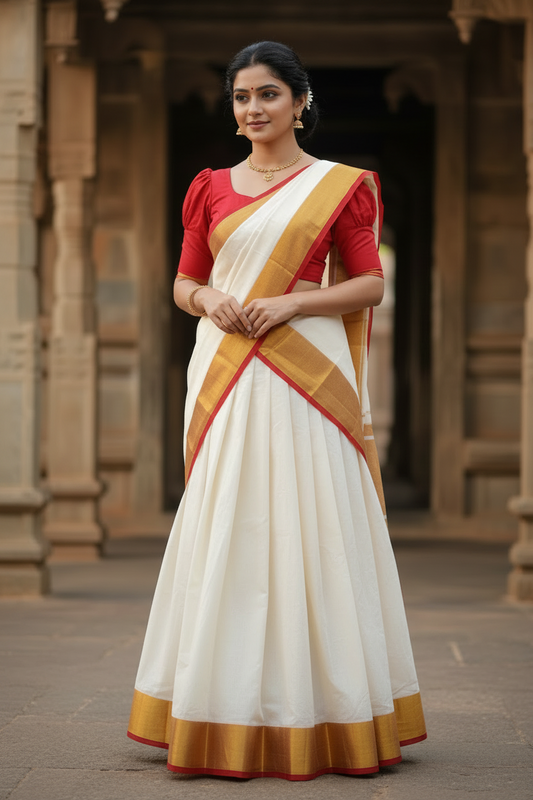 Southloom Semi Stitched Design Cotton Dhavani Set with Pavada and Red In Blouse Piece
