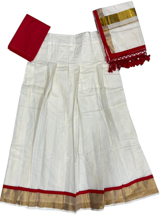 Southloom Semi Stitched Design Cotton Dhavani Set with Pavada and Red In Blouse Piece