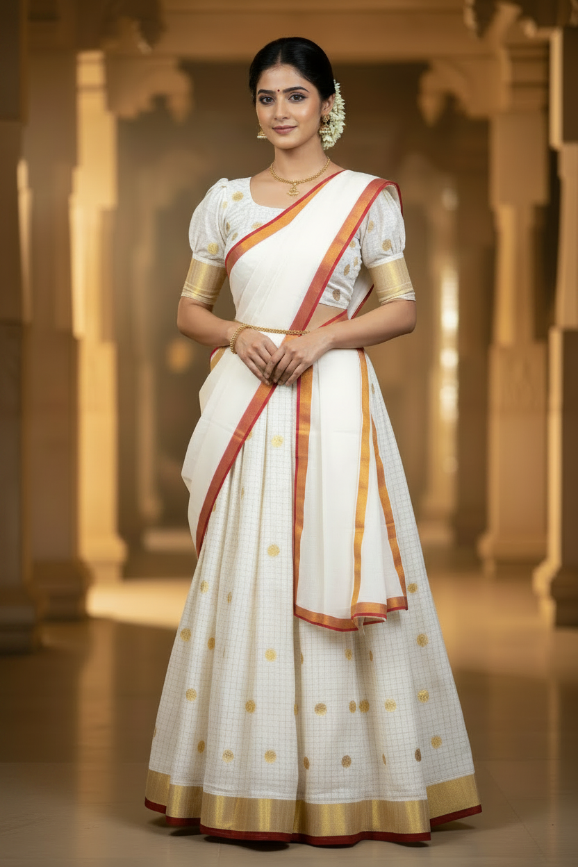 Southloom Semi Stitched Check Design Cotton Dhavani Set with Pavada and Red Polka Design In Blouse Piece
