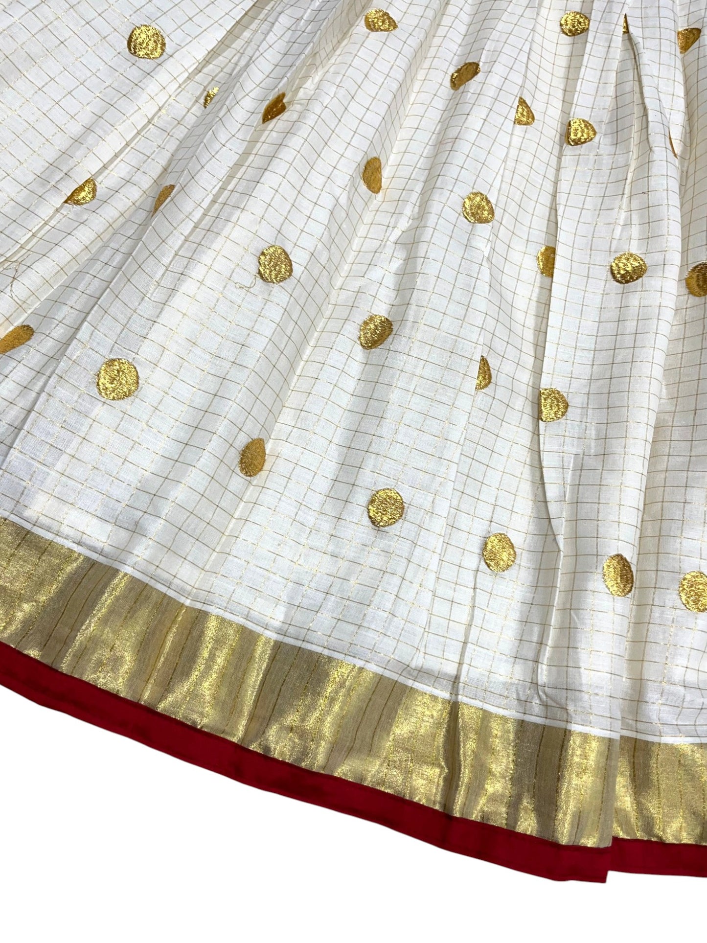 Southloom Semi Stitched Check Design Cotton Dhavani Set with Pavada and Red Polka Design In Blouse Piece
