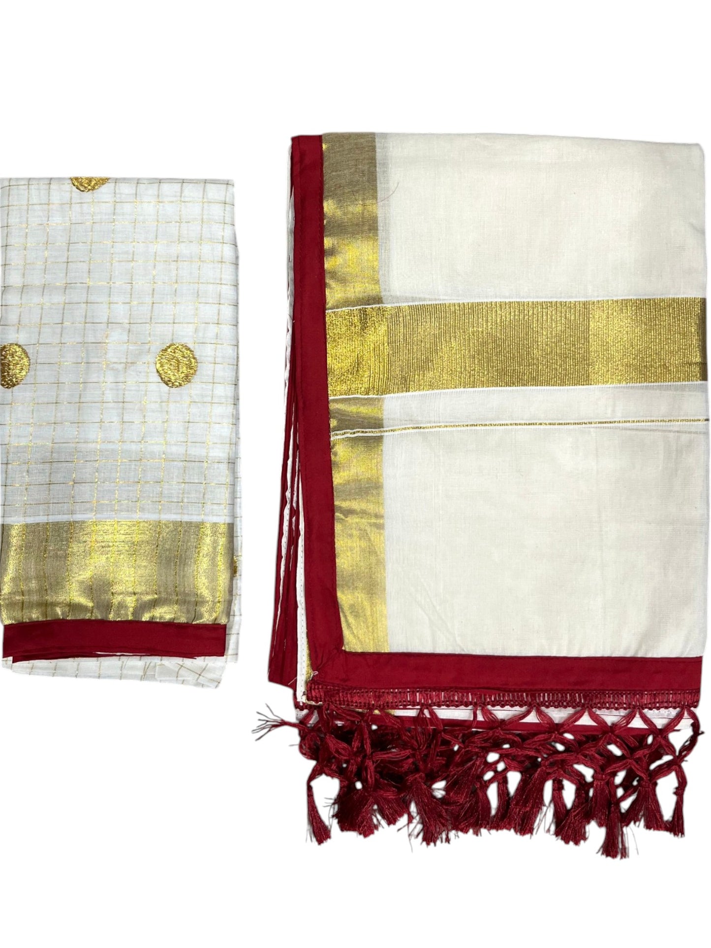 Southloom Semi Stitched Check Design Cotton Dhavani Set with Pavada and Red Polka Design In Blouse Piece