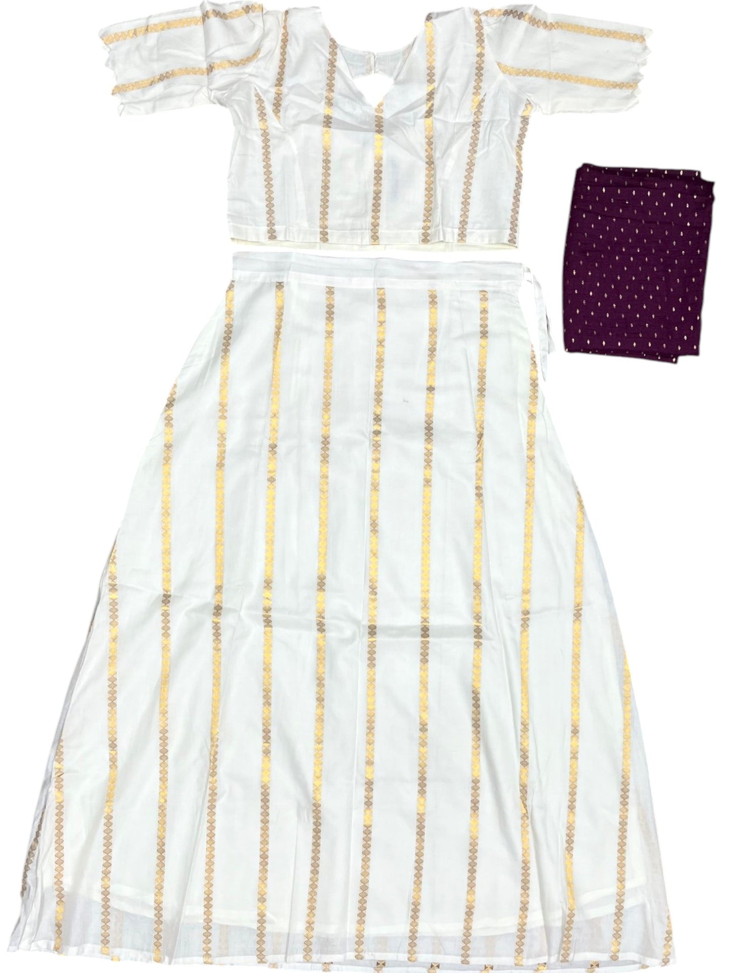 Southloom Stitched Cotton Stripes Dhavani Set with Pavada and Purple Blouse Piece
