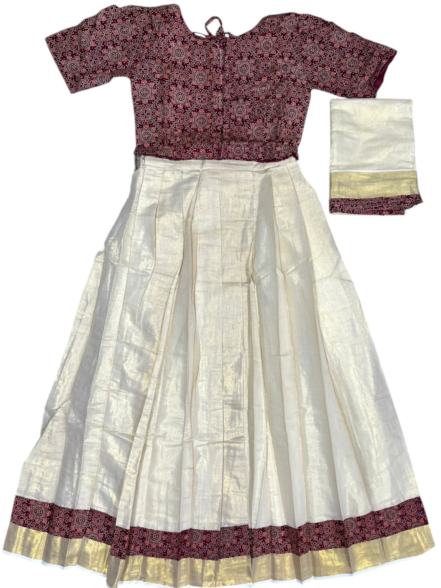 Southloom Stitched Tissue Dhavani Set with Pavada and Ajrakh Print on the Blouse Piece And Border