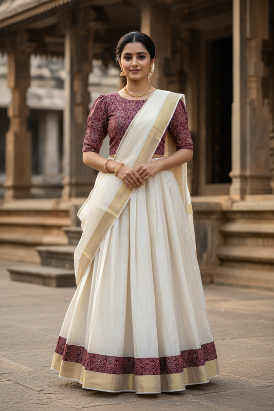 Southloom Stitched Tissue Dhavani Set with Pavada and Ajrakh Print on the Blouse Piece And Border