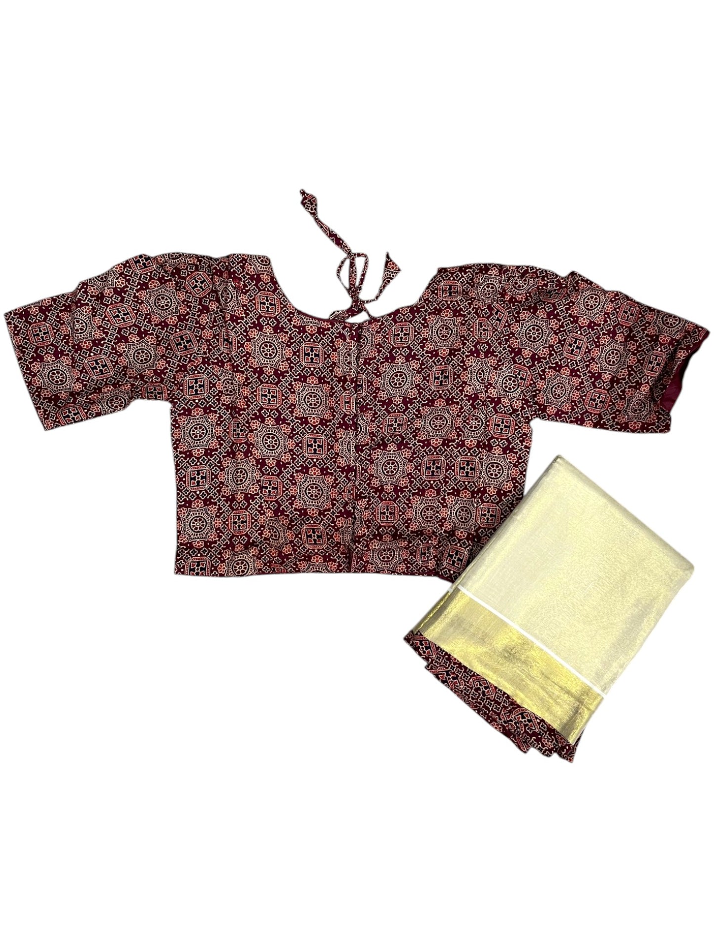 Southloom Stitched Tissue Dhavani Set with Pavada and Ajrakh Print on the Blouse Piece And Border