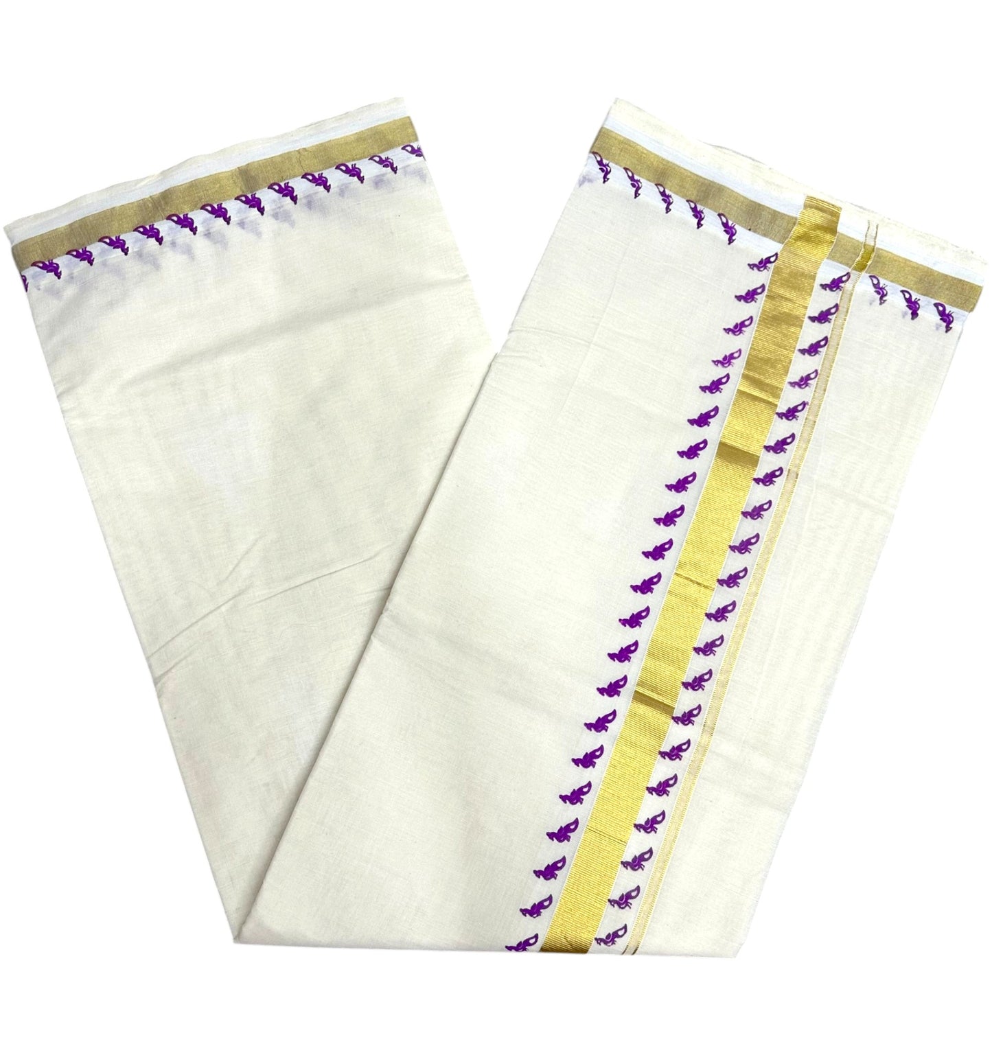 Southloom Kerala Cotton Saree With Gold Kasavu and Purple Printed Borders