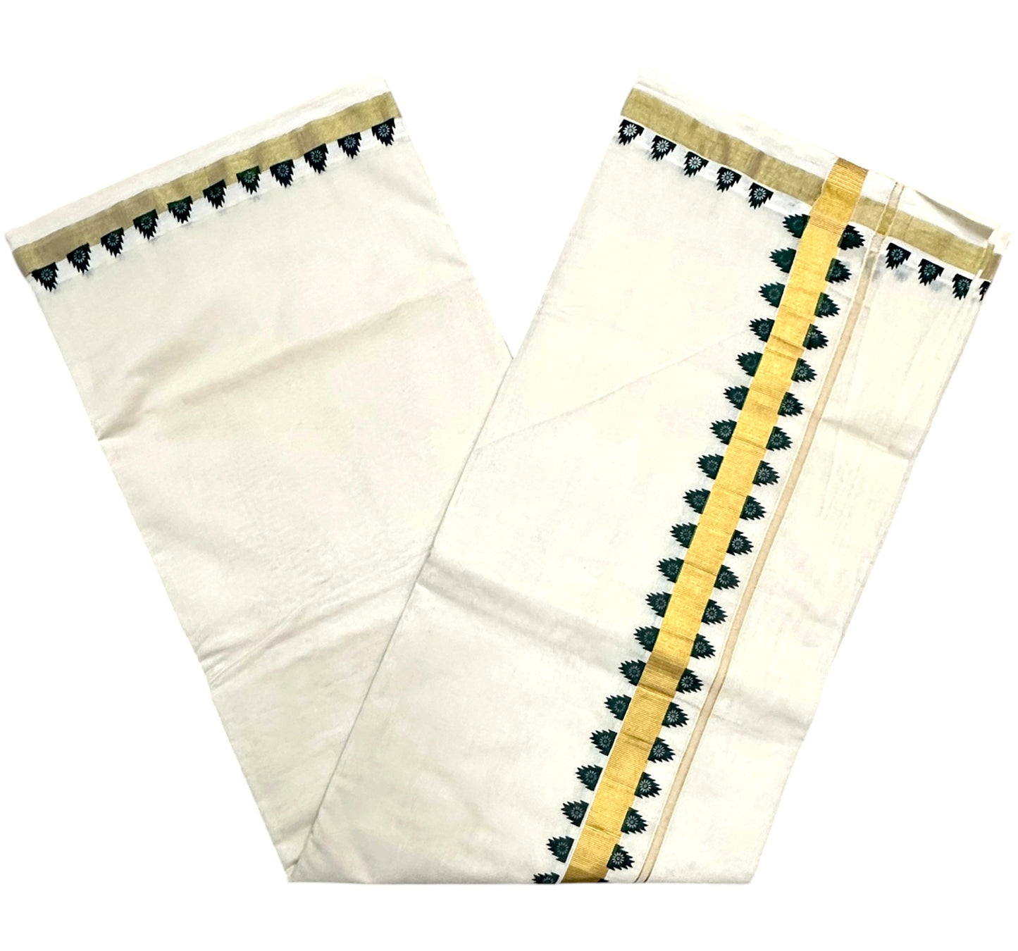 Southloom Kerala Cotton Kasavu Saree With Green Printed Design On Borders