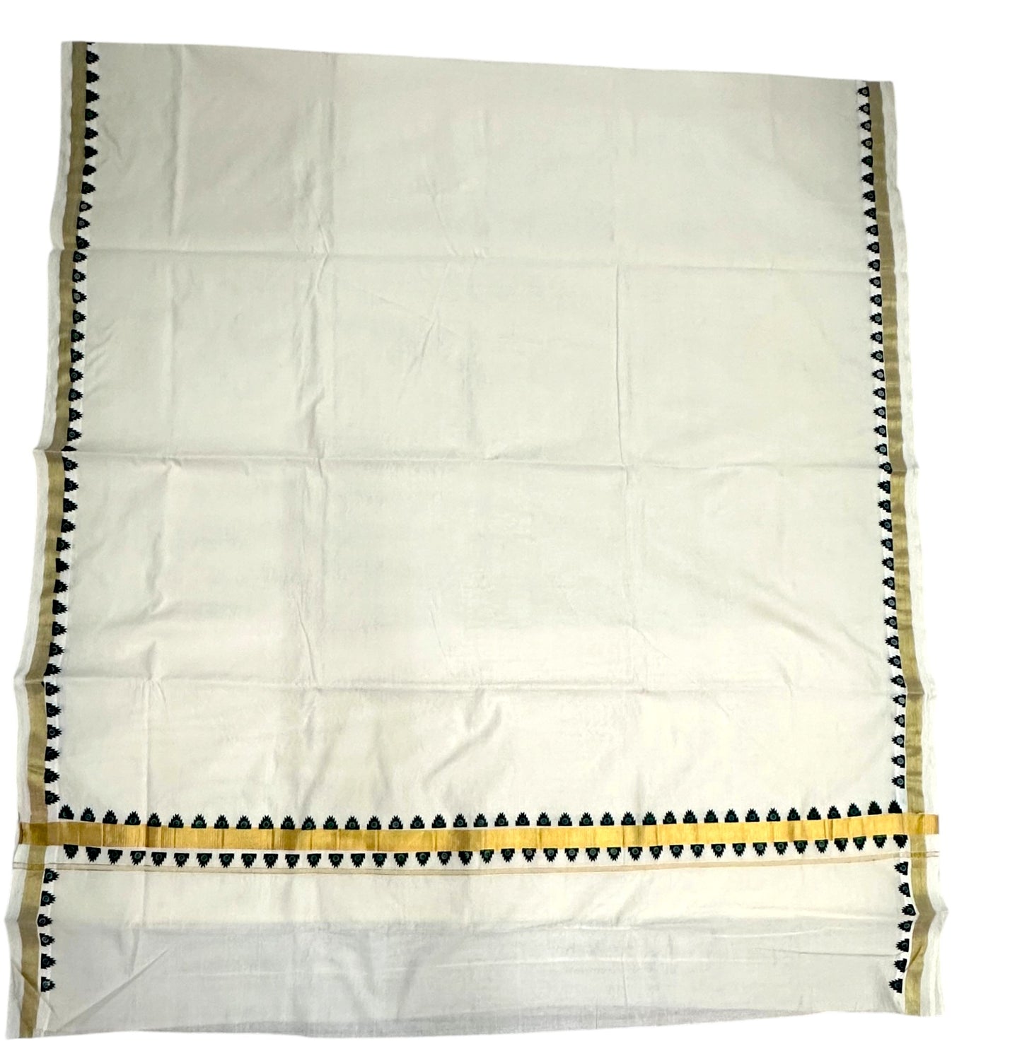 Southloom Kerala Cotton Kasavu Saree With Green Printed Design On Borders