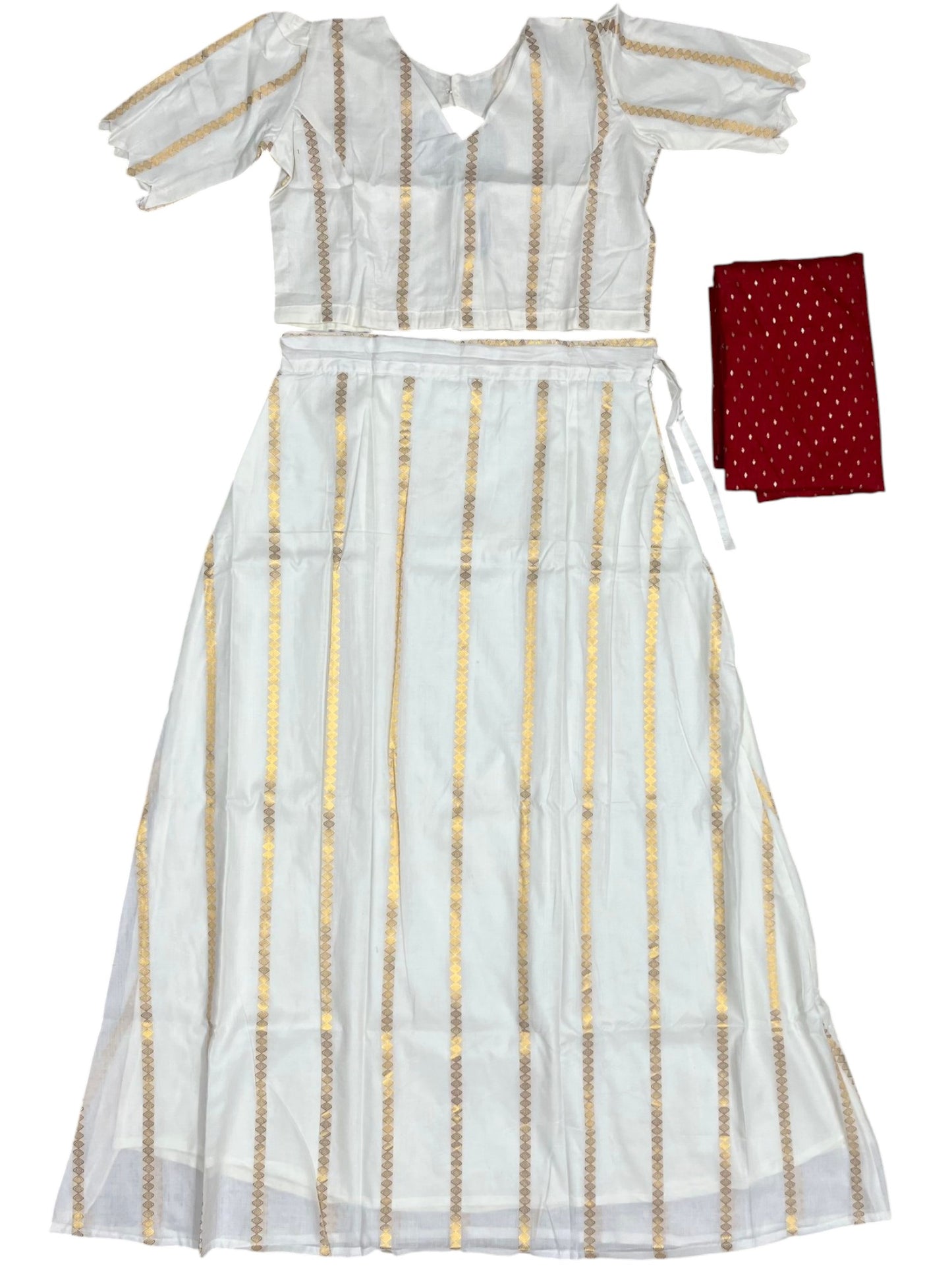 Southloom Stitched Cotton With Stripes Dhavani Set with Pavada and Red Blouse Piece
