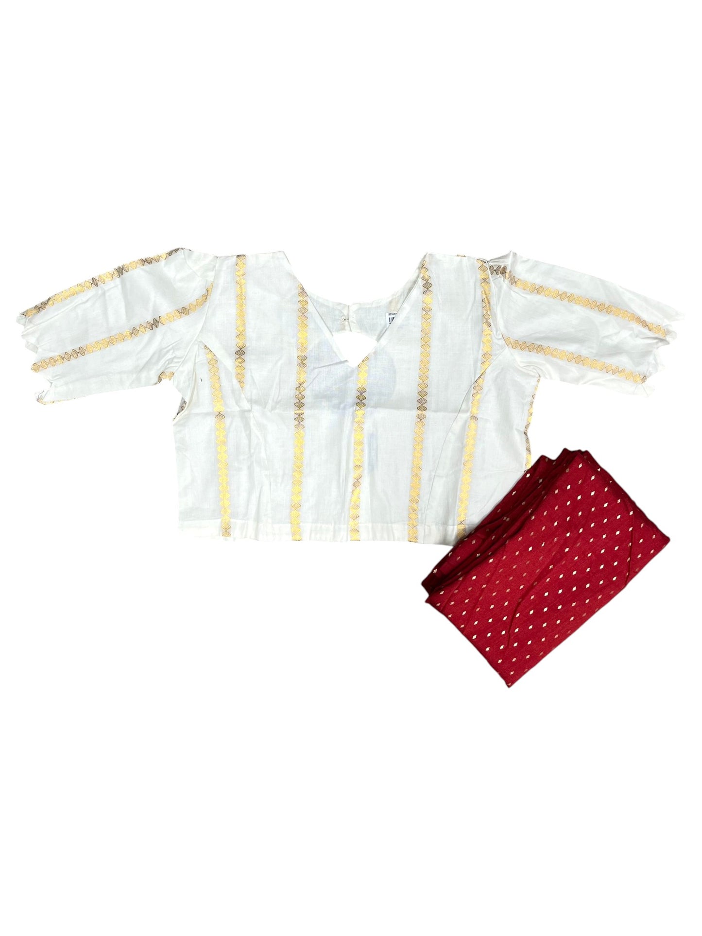 Southloom Stitched Cotton With Stripes Dhavani Set with Pavada and Red Blouse Piece