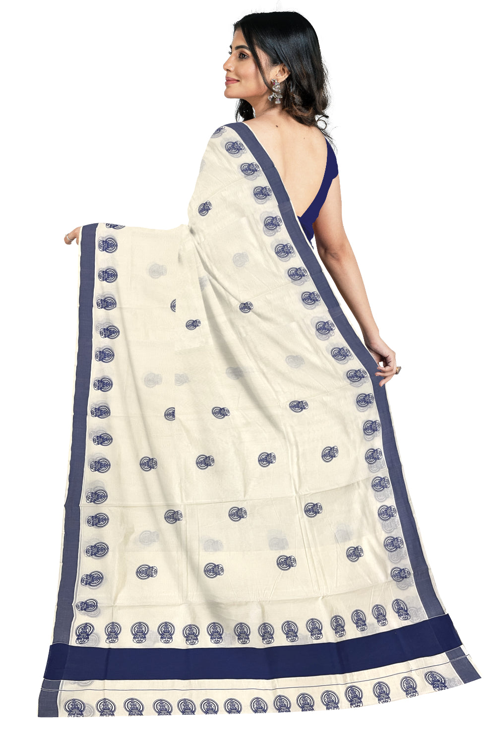 Pure Cotton Kerala Saree with Blue Kathakali Block Printed Border (Onam Saree 2023)