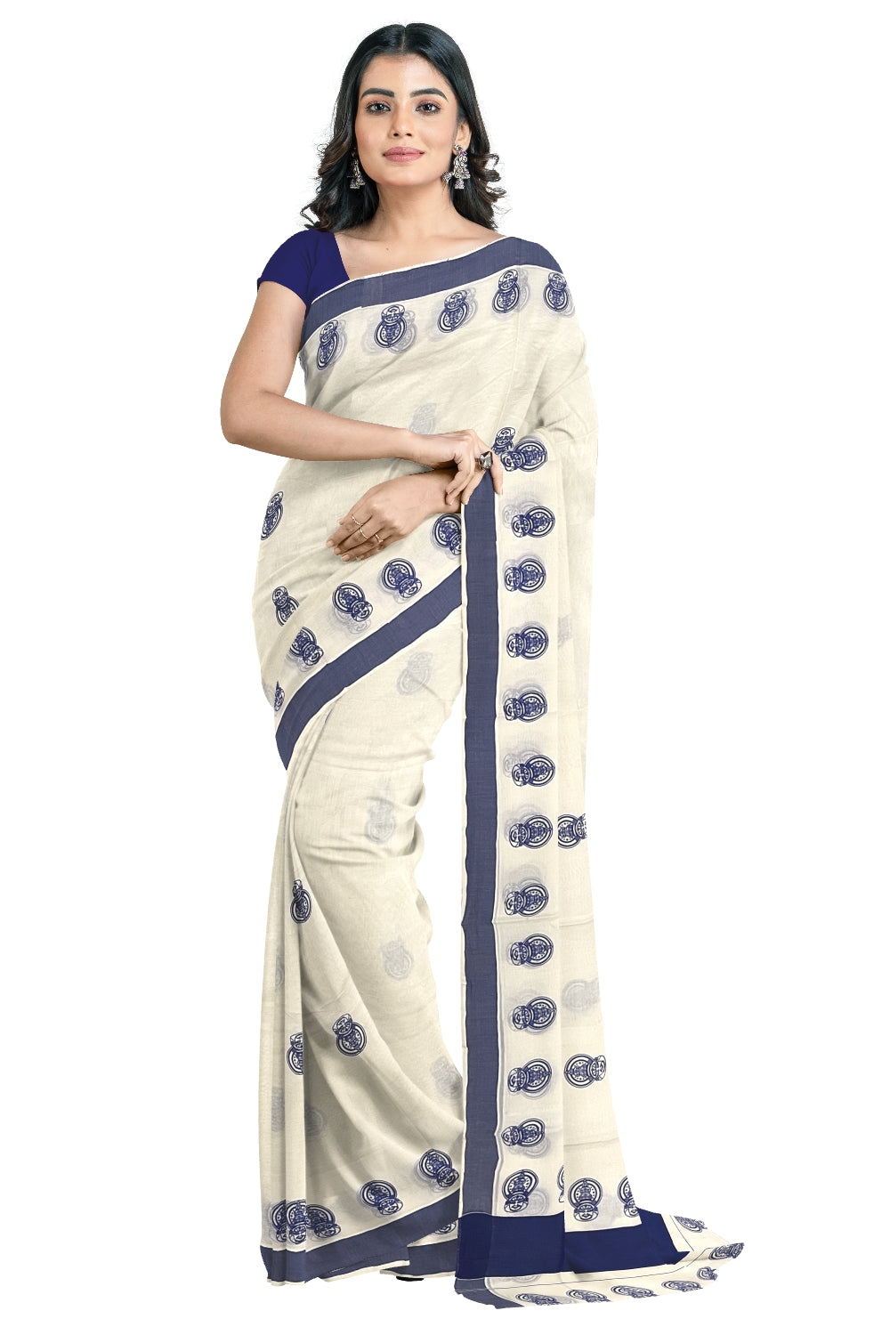 Pure Cotton Kerala Saree with Blue Kathakali Block Printed Border (Onam Saree 2023)