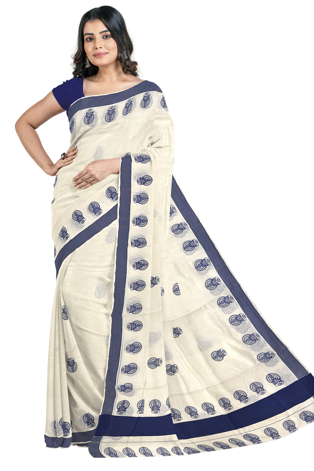 Pure Cotton Kerala Saree with Blue Kathakali Block Printed Border (Onam Saree 2023)