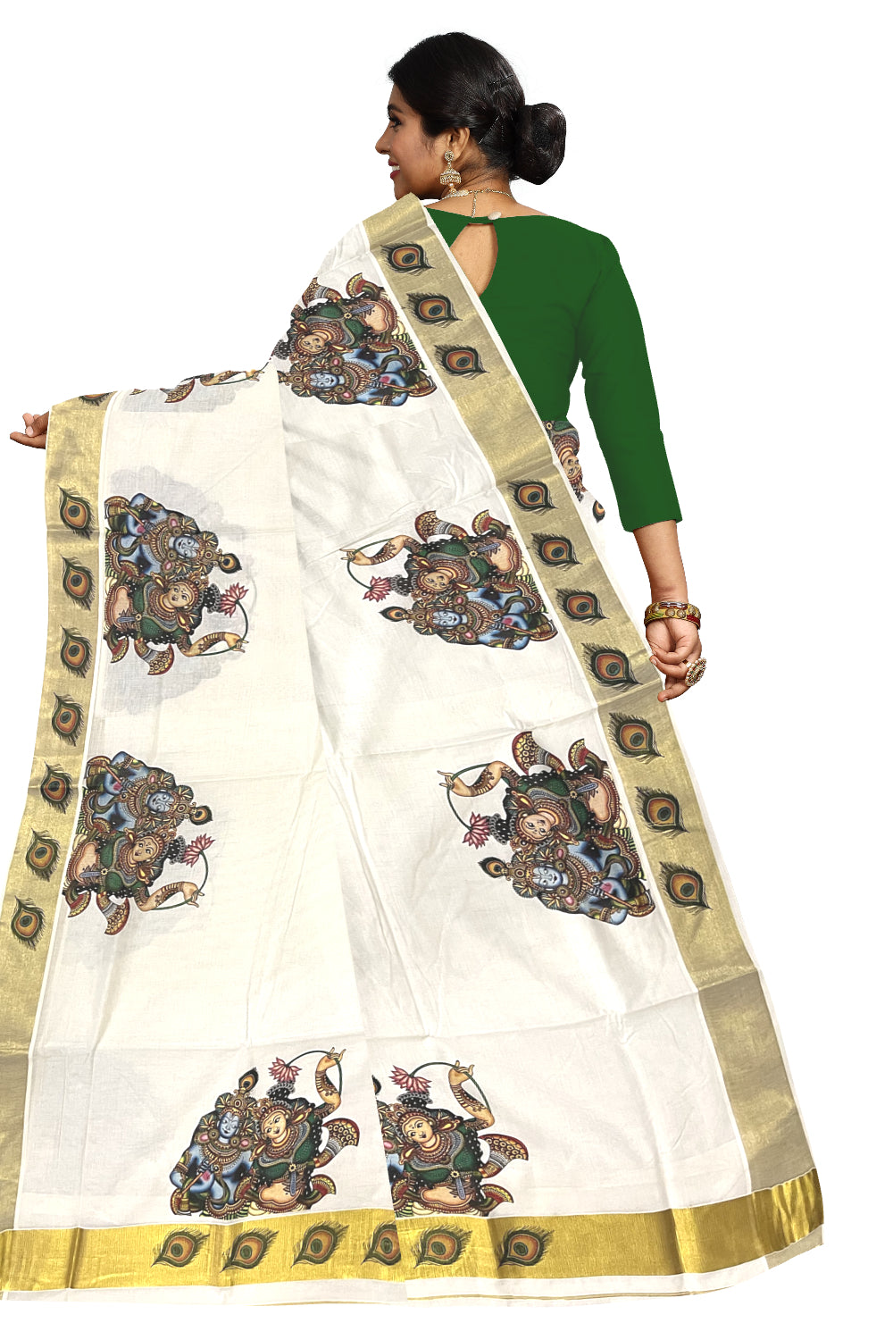 Pure Cotton Kerala Kasavu Saree with Krishna Radha Mural Printed Design