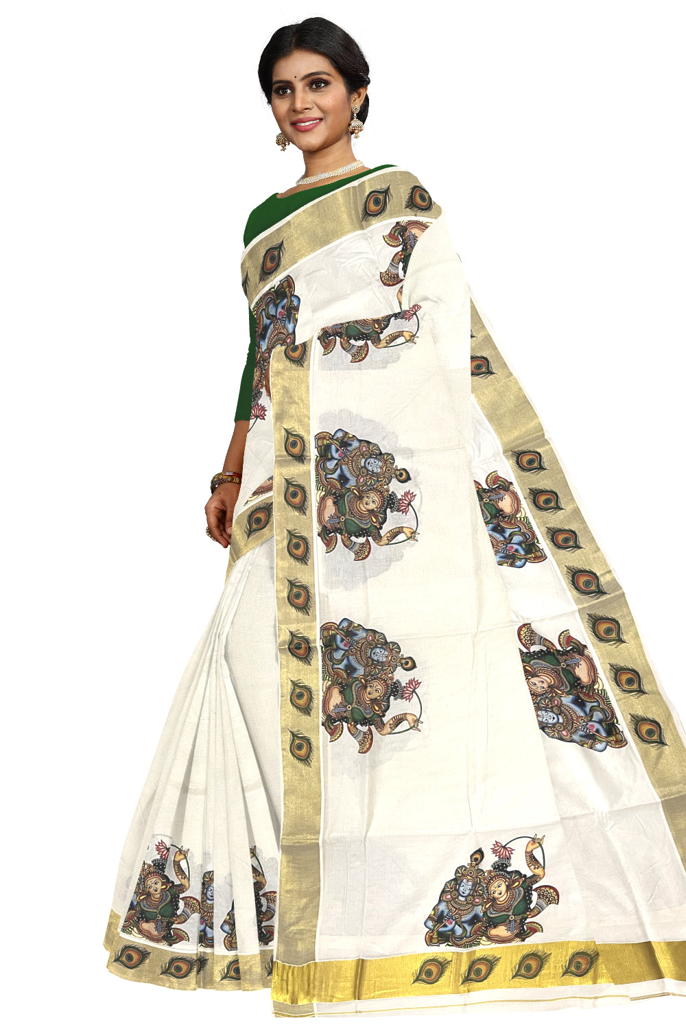 Pure Cotton Kerala Kasavu Saree with Krishna Radha Mural Printed Design