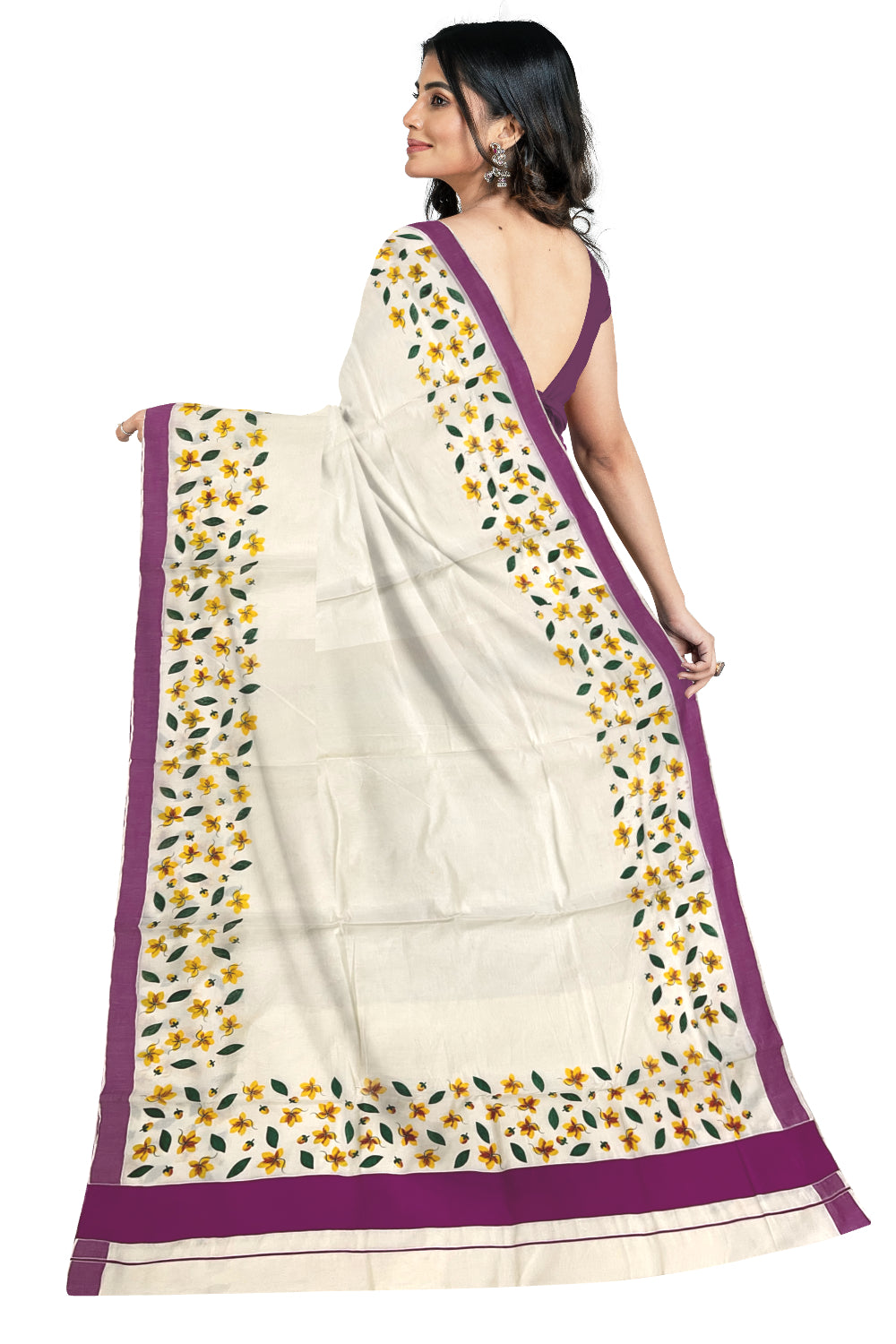 Pure Cotton Kerala Saree with Floral Block Prints and Magenta Border