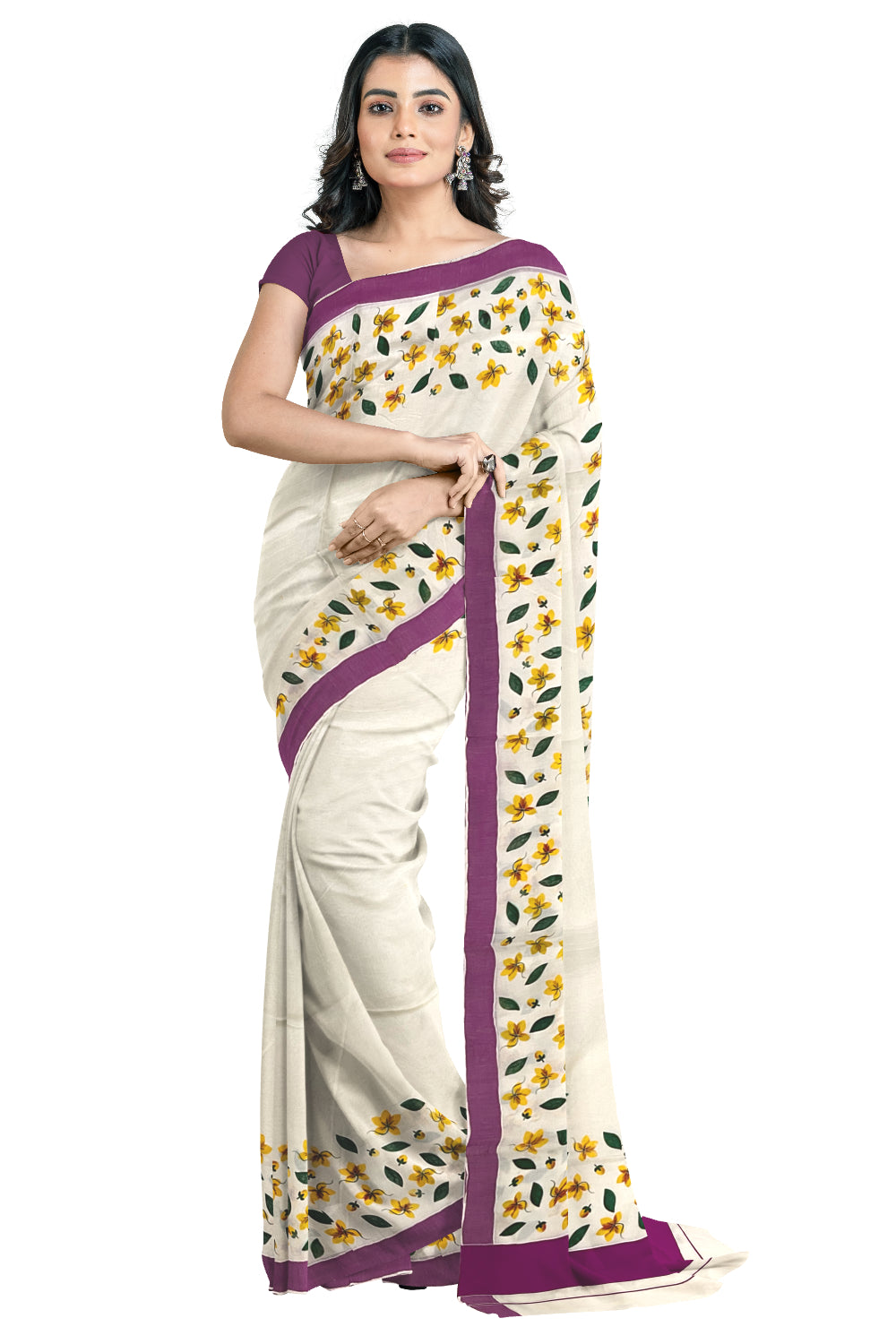 Pure Cotton Kerala Saree with Floral Block Prints and Magenta Border