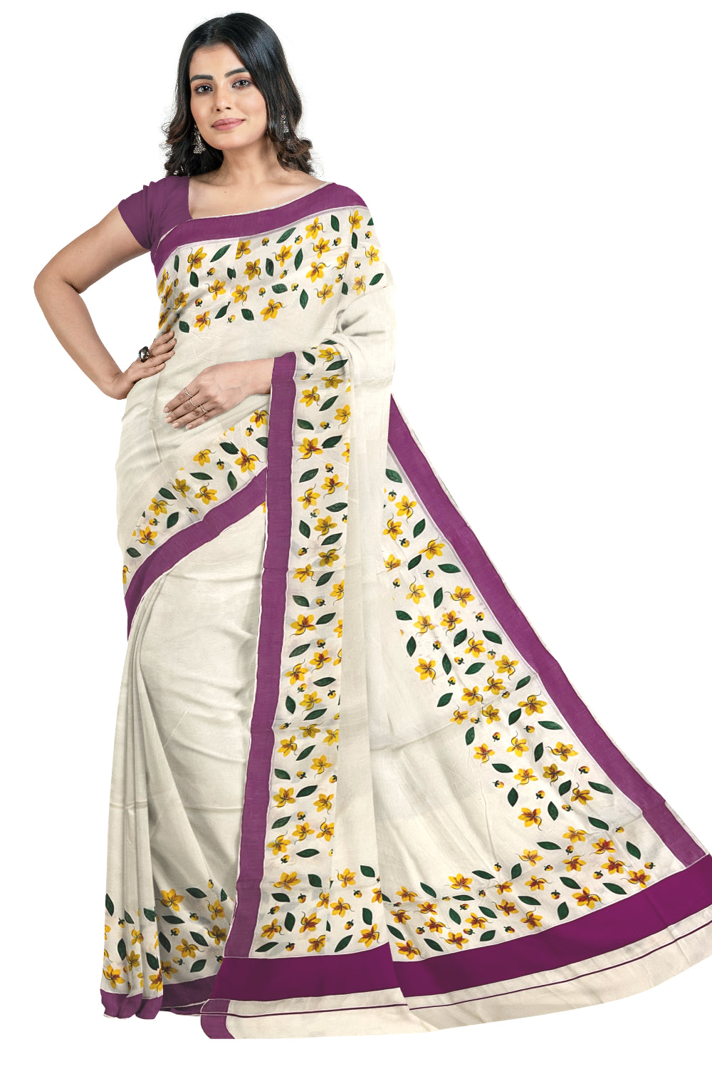 Pure Cotton Kerala Saree with Floral Block Prints and Magenta Border