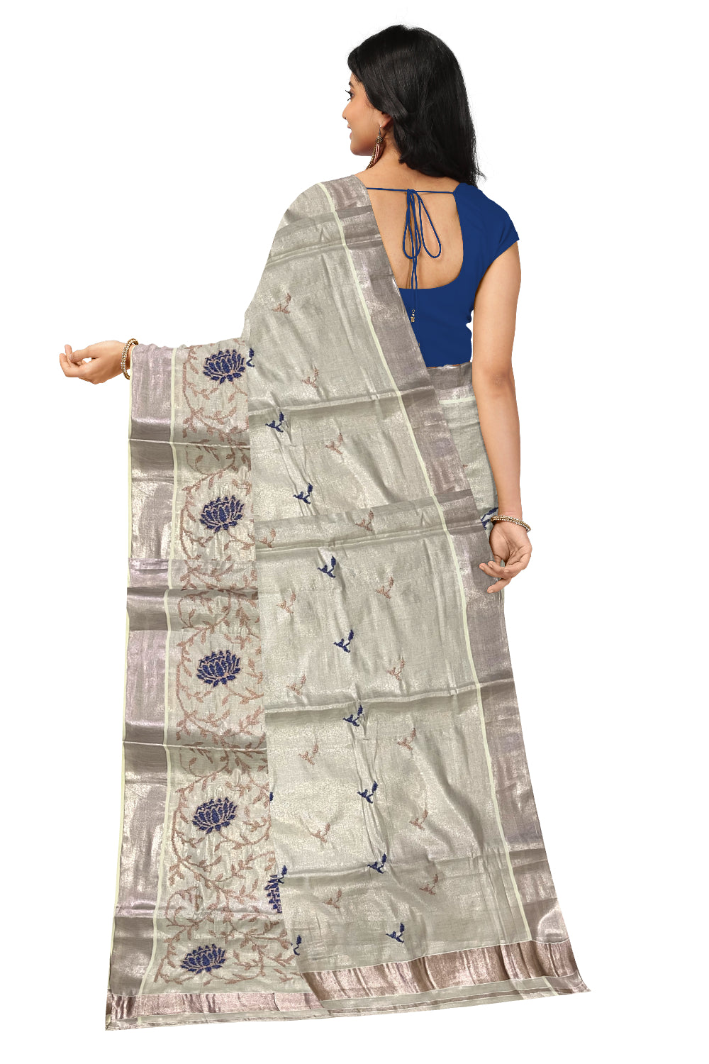 Kerala Rose Copper Tissue Kasavu Saree with Blue Embroidery Works on Body