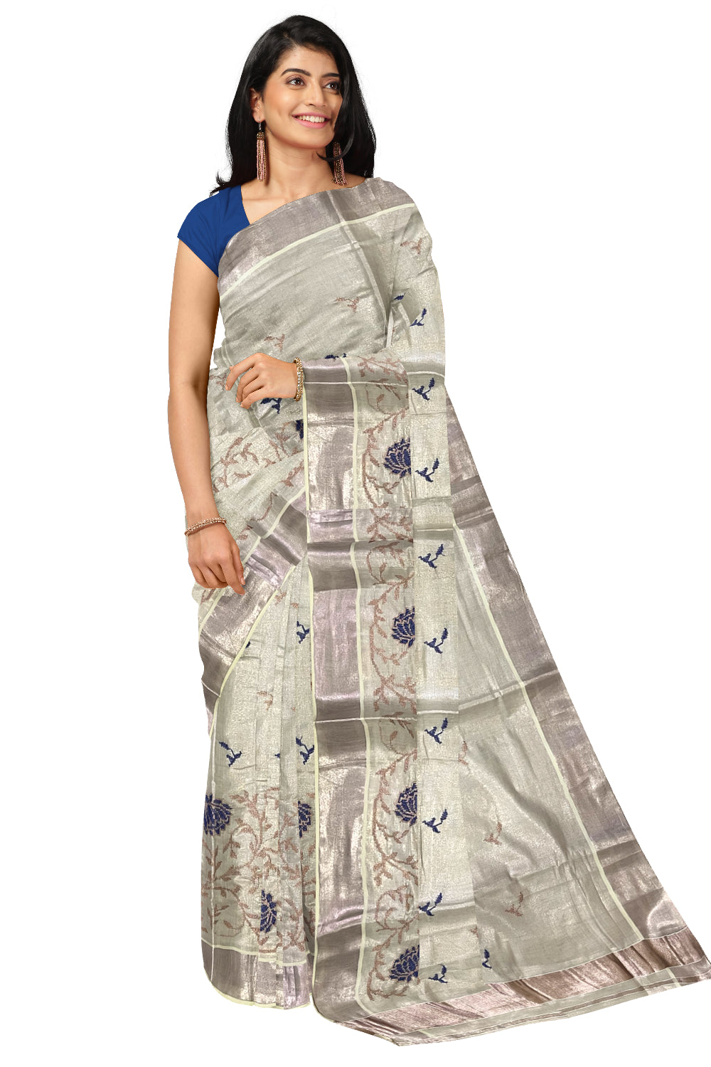 Kerala Rose Copper Tissue Kasavu Saree with Blue Embroidery Works on Body