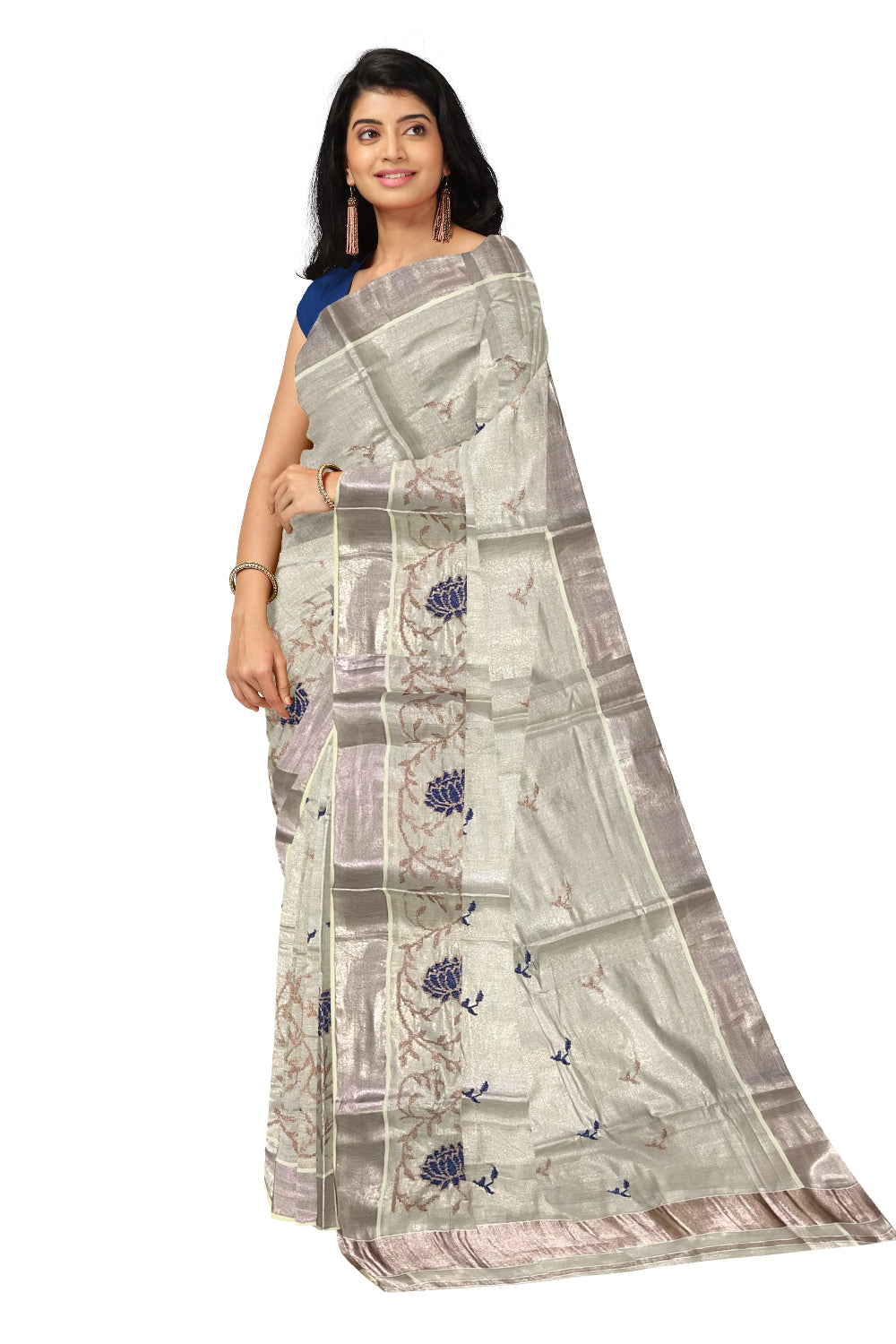 Kerala Rose Copper Tissue Kasavu Saree with Blue Embroidery Works on Body