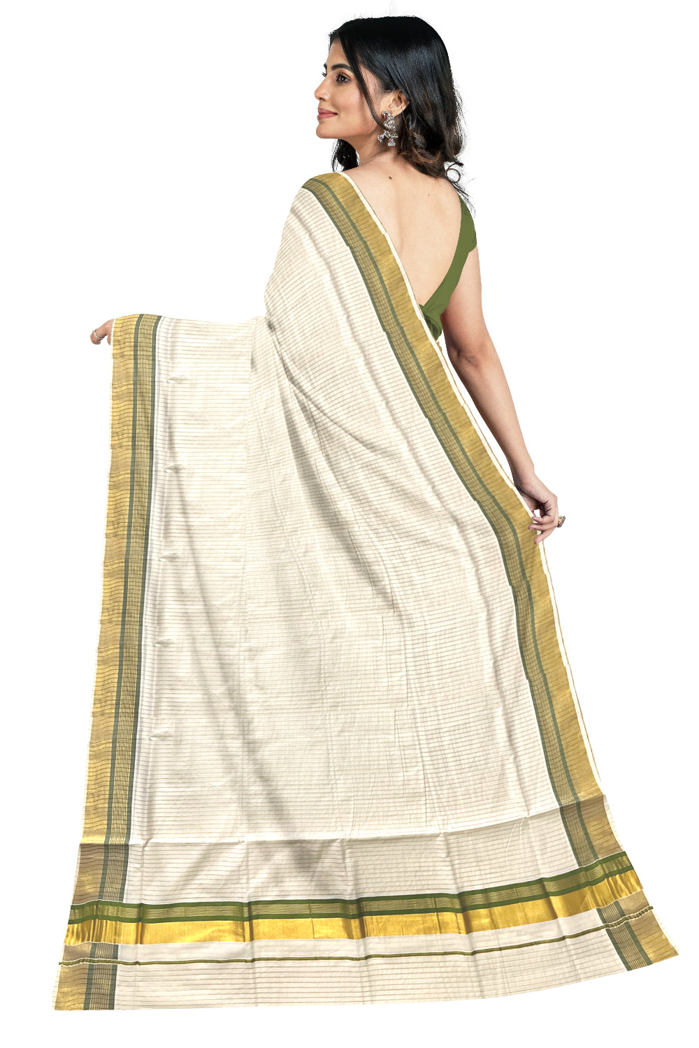 Pure Cotton Kerala Kasavu Lines Design Saree with Olive Green Border