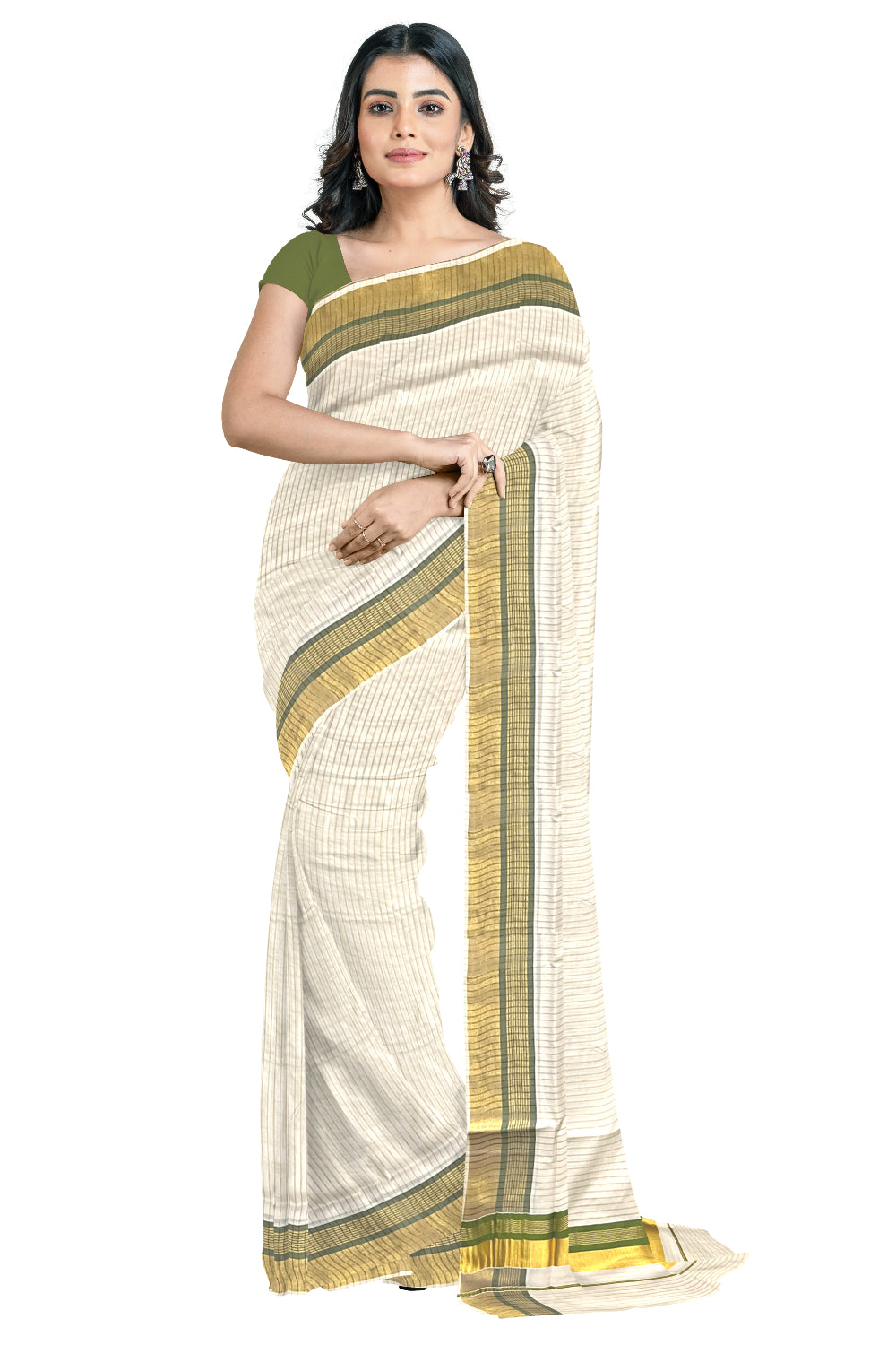 Pure Cotton Kerala Kasavu Lines Design Saree with Olive Green Border