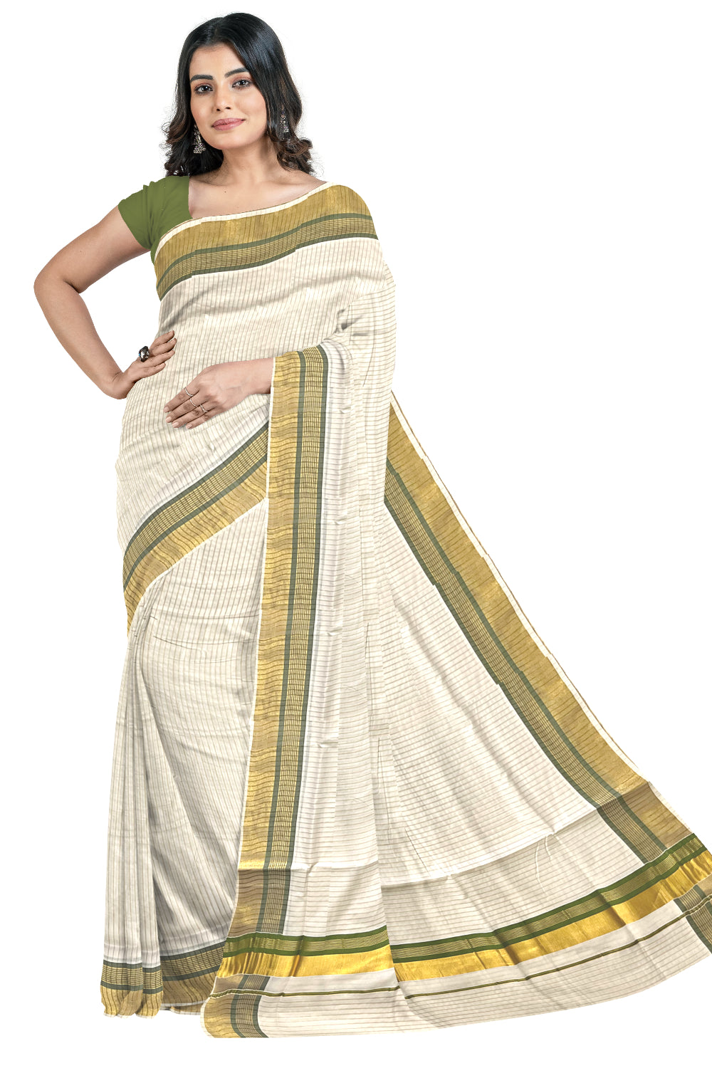 Pure Cotton Kerala Kasavu Lines Design Saree with Olive Green Border