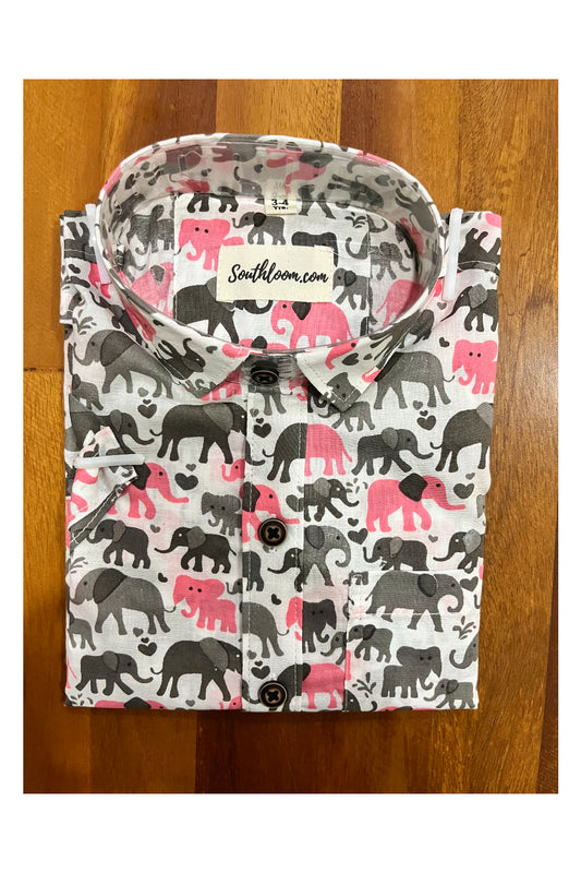 Southloom Jaipur Cotton Pink Grey Elephant Hand Block Printed Shirt For Kids (Half Sleeves)