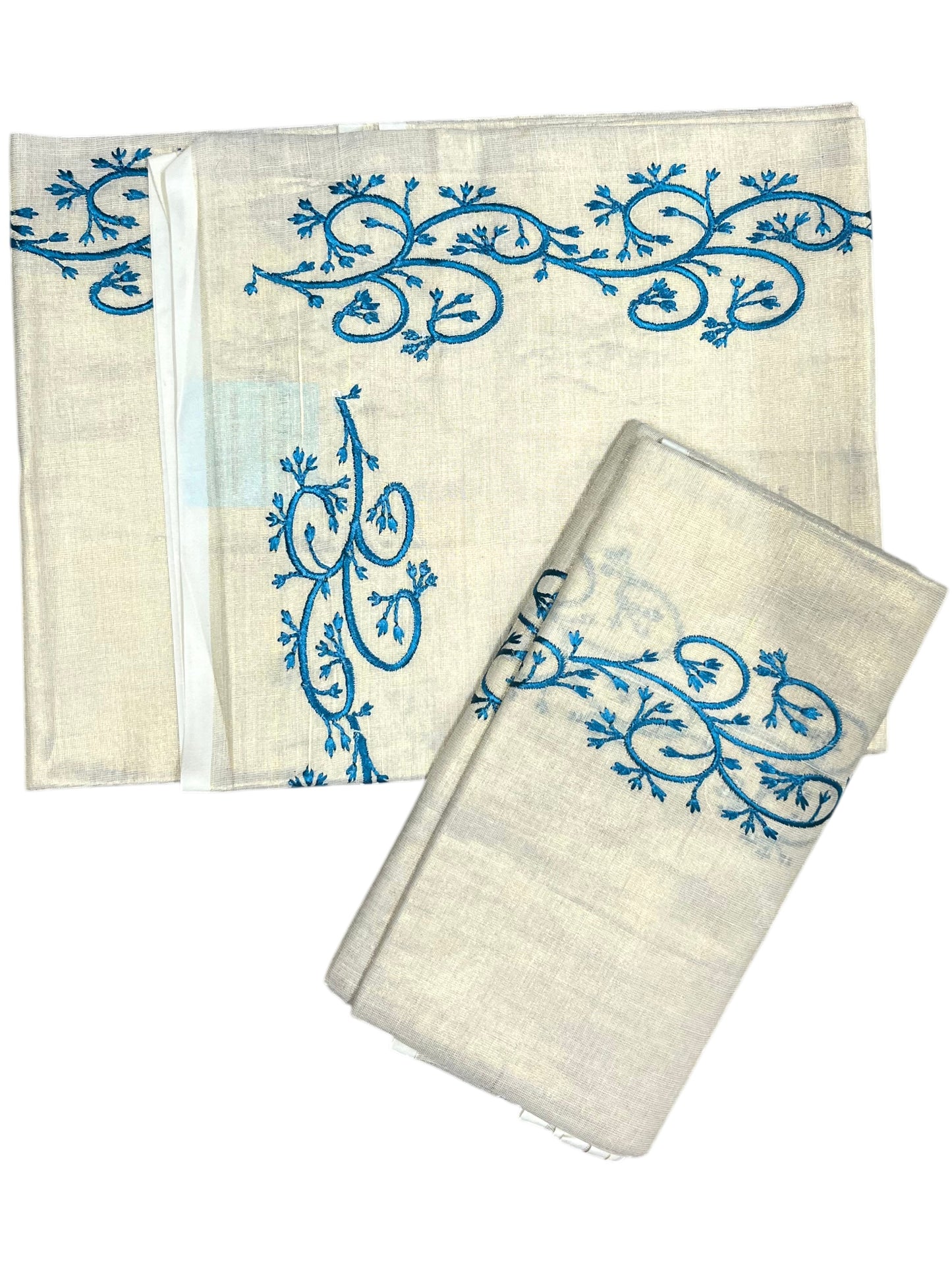 Southloom Kerala Tissue Kasavu Single Set Mundu (Mundum Neriyathum) Blue Embroidery Work