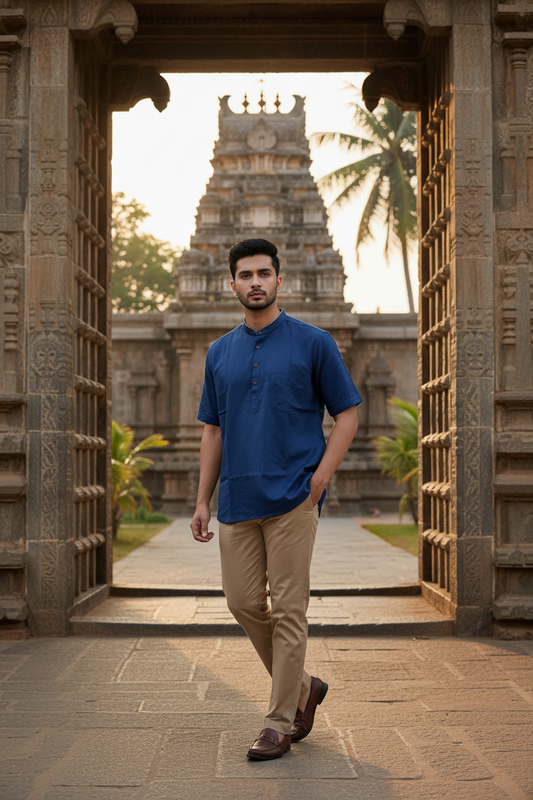 Southloom Blue Short Cotton Kurta Shirt for Men