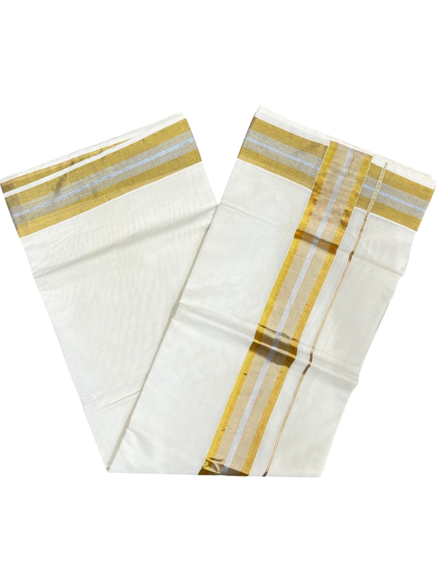Southloom Pure Cotton Kerala Saree with Gold and Silver Kasavu Border in 3 inch