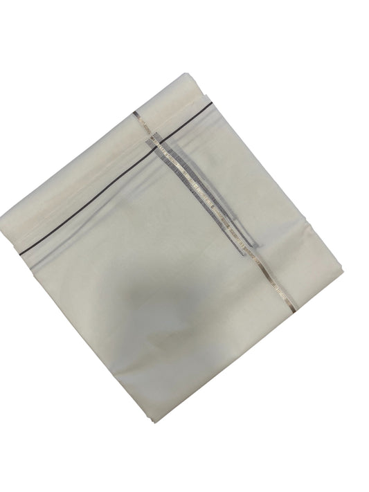 Pure White Cotton Double Mundu with Silver Chutti Kara (South Indian Dhoti)