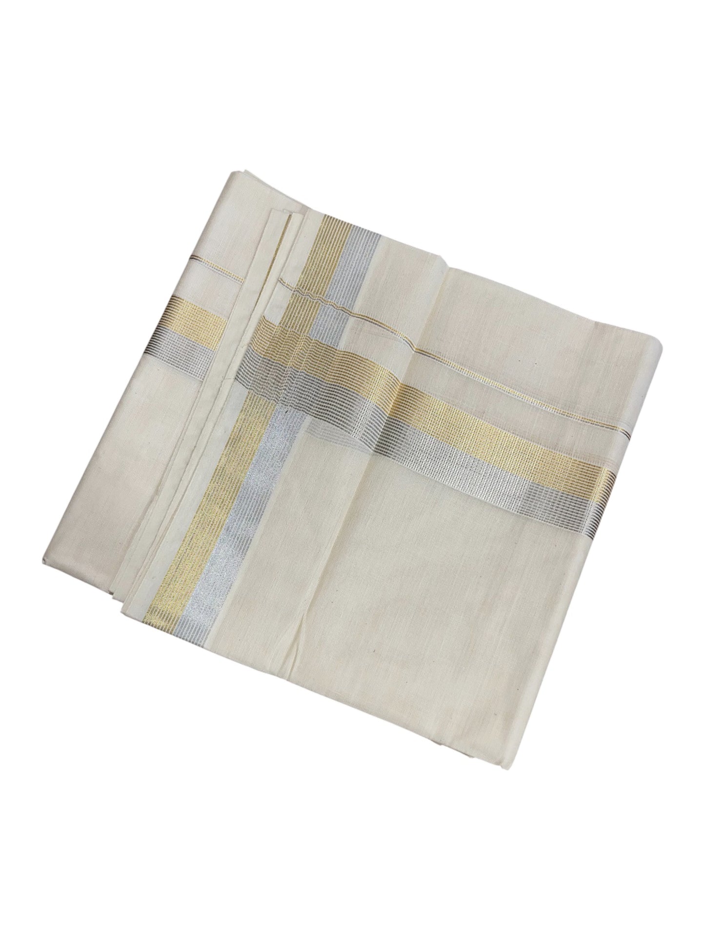 Kerala Cotton Double Mundu with Silver And Golden Border  (South Indian Dhoti)