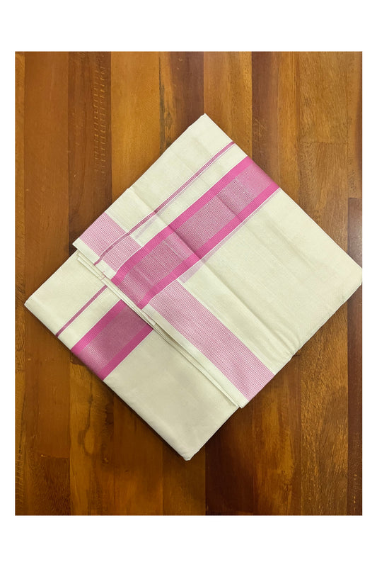 Kerala Pure Cotton Double Mundu with Pink and Silver Kasavu Border (South Indian Kerala Dhoti)