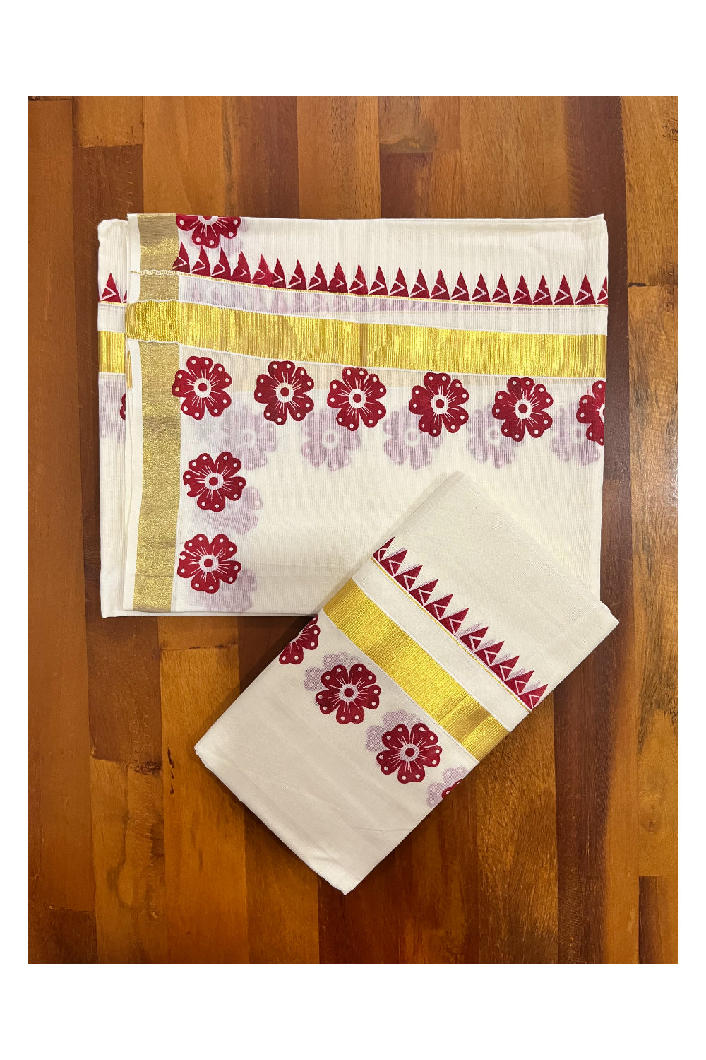 Kerala Pure Cotton Kasavu Set Mundu Single (Mundum Neriyathum) with Maroon Block Prints and Temple Border 2.80 Mtrs