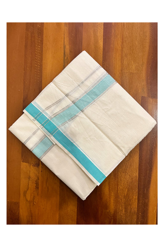 Pure Cotton Kerala Double Mundu with Silver Kasavu and Turquoise Border (South Indian Kerala Dhoti)