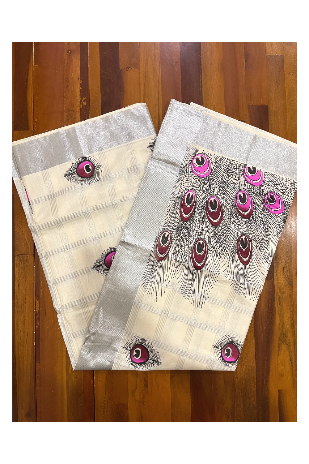 Pure Cotton Kerala Saree with Silver Kasavu Check Designs and Magenta Feather Block Printed Body (Onam Saree 2023)