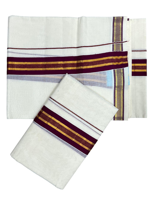Southloom Kerala Cotton Single Set Mundu (Mundum Neriyathum) with Kasavu and Maroon Border SLKK SL470